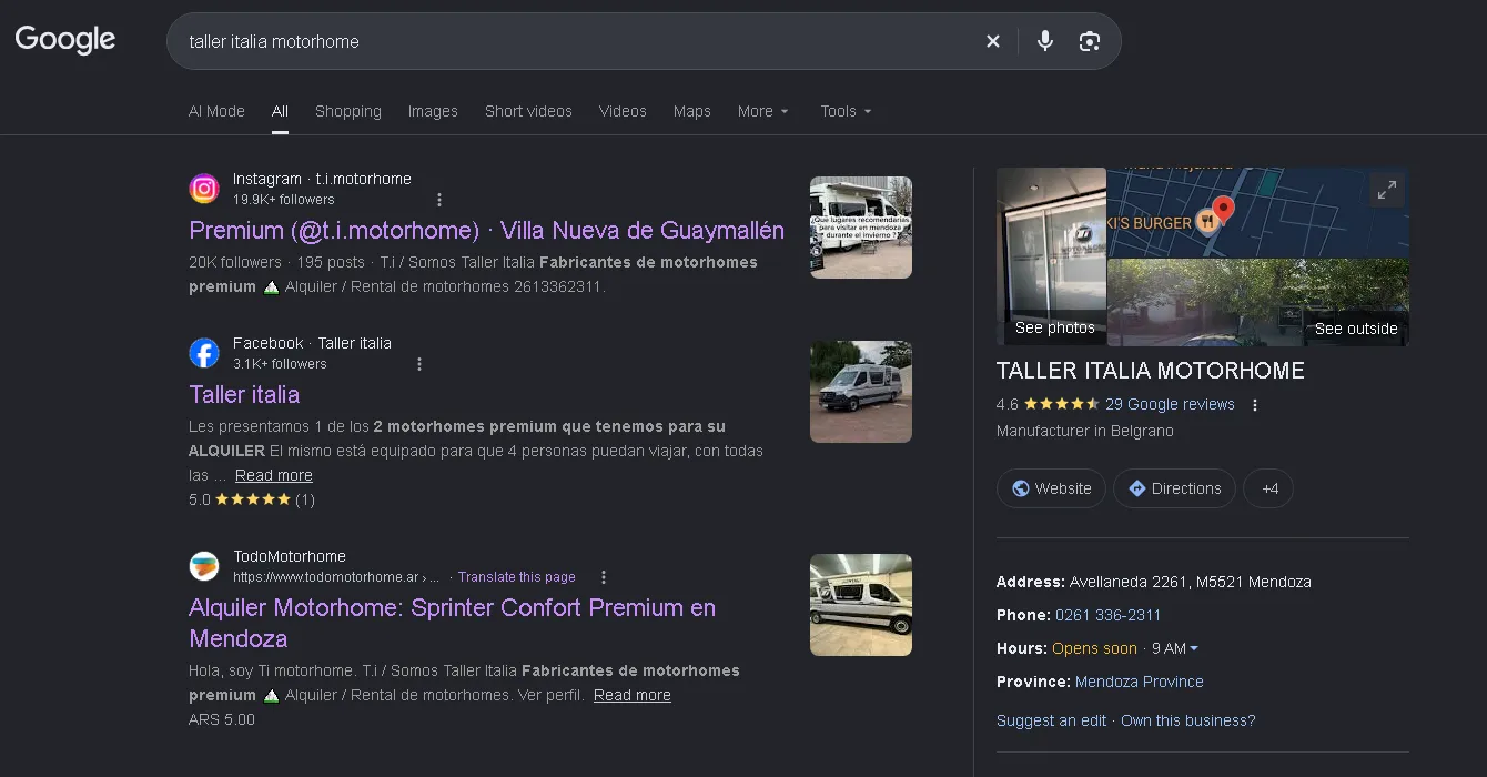 Resultados de Google para «taller italia motorhome»: el perfil de Instagram con 20.000 seguidores, la página de Facebook y un portal de terceros. Ningún sitio propio.