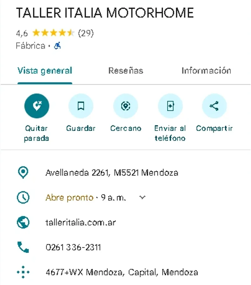Ficha de Google Maps de Taller Italia Motorhome: 4,6 de calificación con 29 reseñas, dirección en Mendoza y el sitio web talleritalia.com.ar