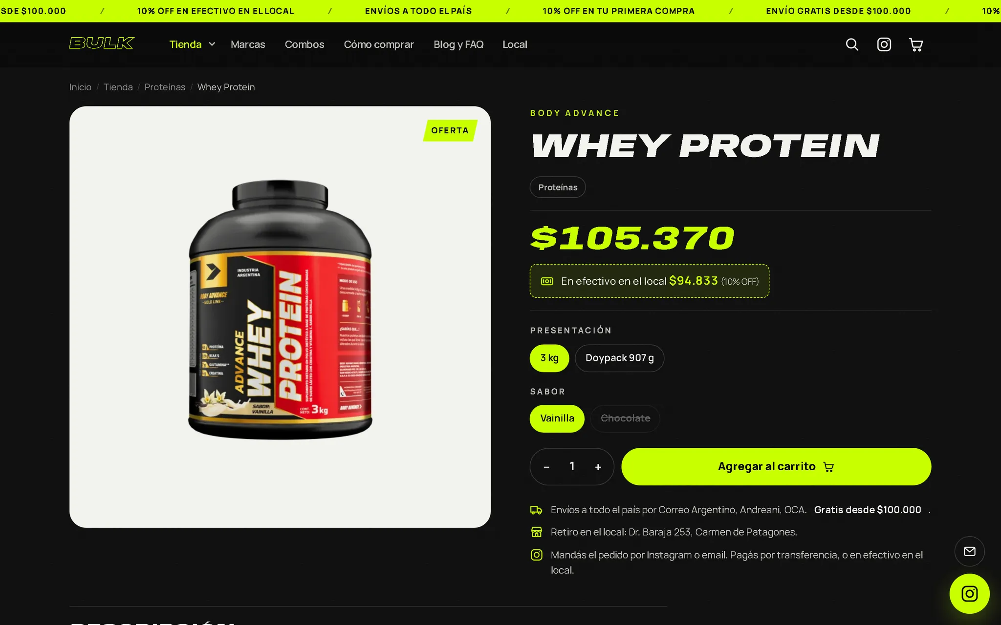 Página de producto de BULK: una Whey Protein con la presentación y el sabor a elegir, el precio de lista y el precio en efectivo con 10 % de descuento
