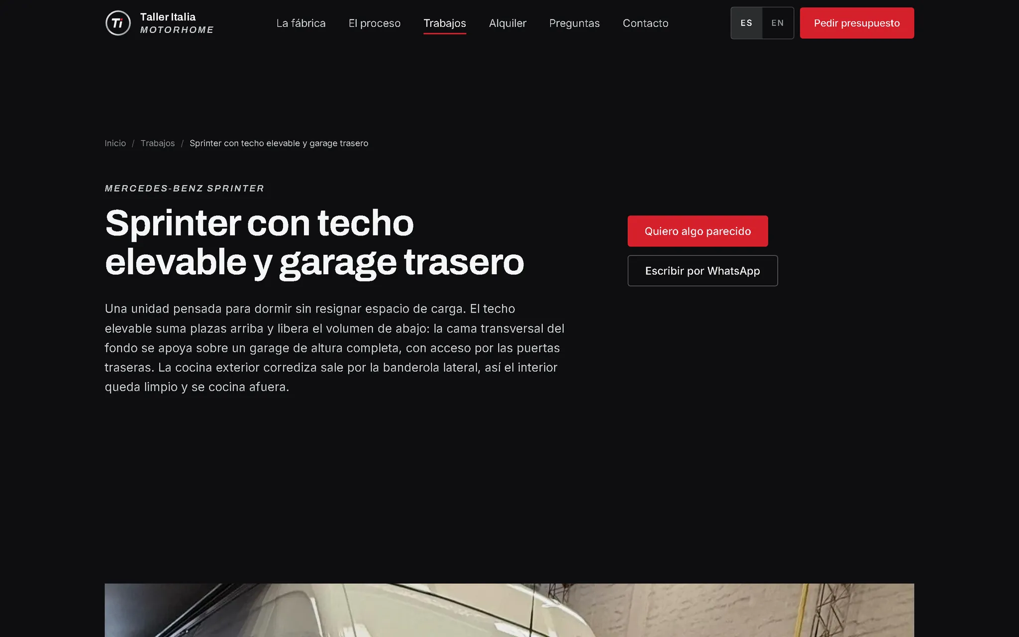 Página de un trabajo entregado: Sprinter con techo elevable y garage trasero, con su descripción y los botones de cotización
